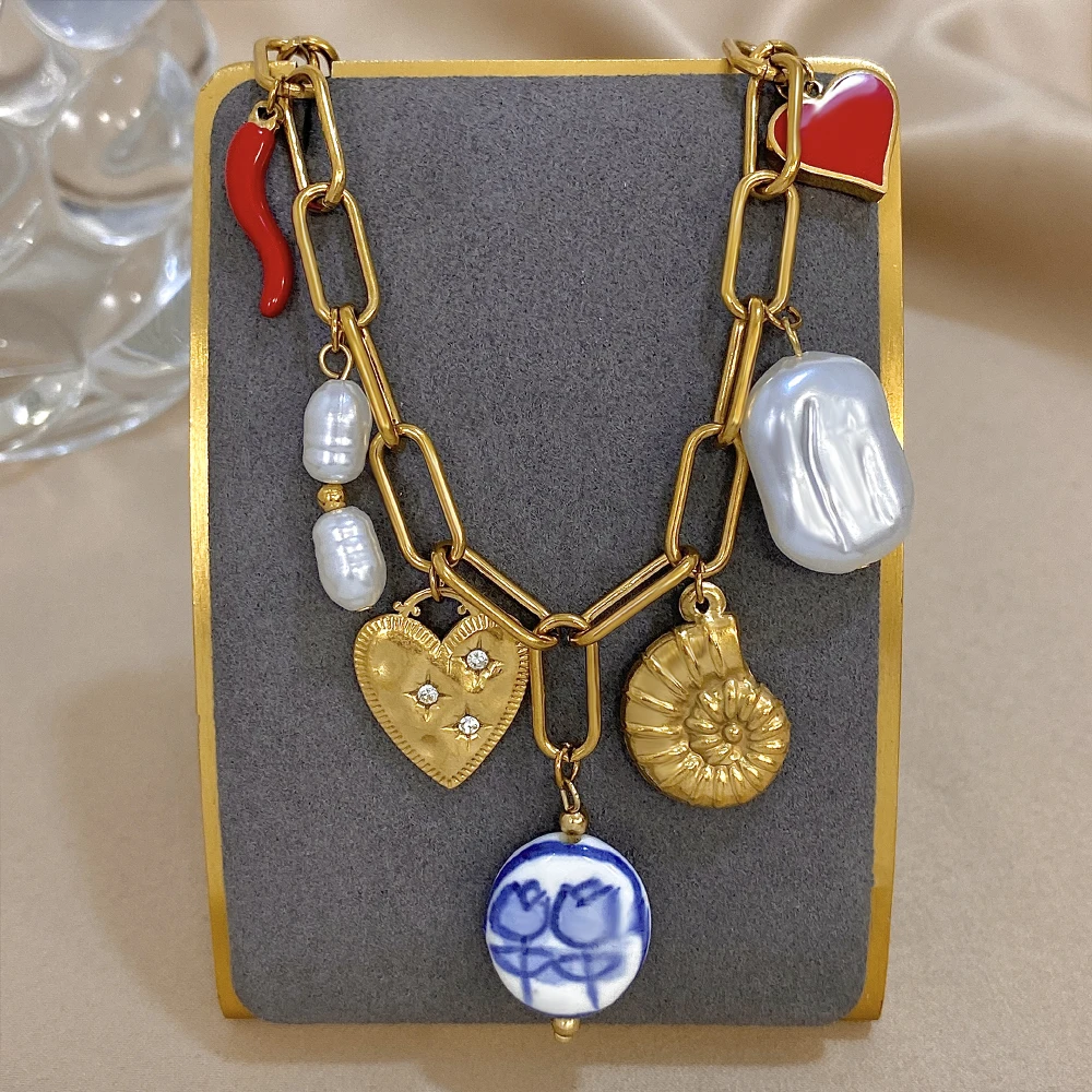 DODOHAO Watercolor Pearl Pendant Necklaces For Women Ocean Style Love Heart Choker Neckalces Link Chain Stainess Steel Jewelry
DODOHAO Watercolor Pearl Pendant Necklaces For Women Ocean Style Love Heart Choker Neckalces Link Chain Stainess Steel Jewelry