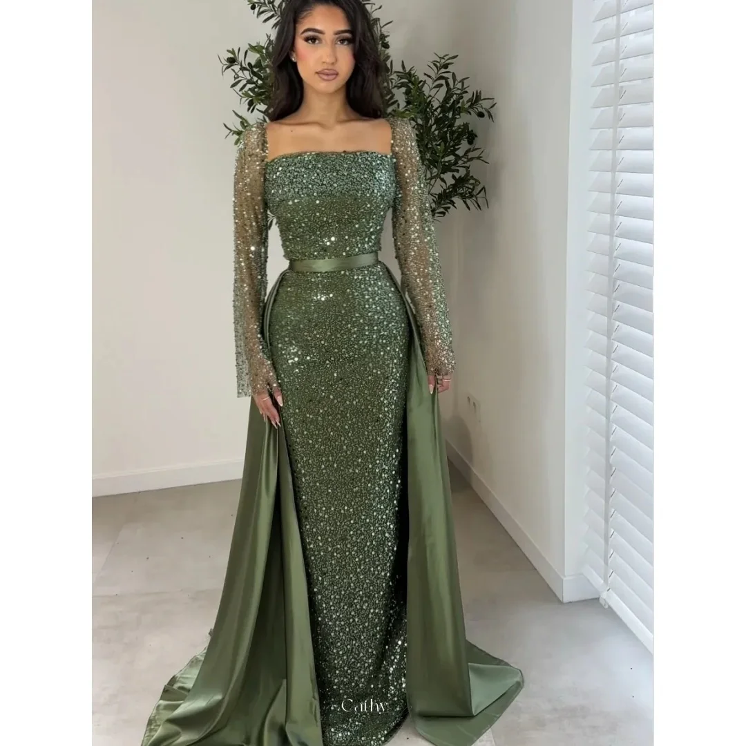 Cathy Customized Olive Green Square Neck Prom Dress Sequins Long Sleeves vestidos de noiva Detachable Train Evening Dresses 2026
Cathy Customized Olive Green Square Neck Prom Dress Sequins Long Sleeves vestidos de noiva Detachable Train Evening Dresses 2026