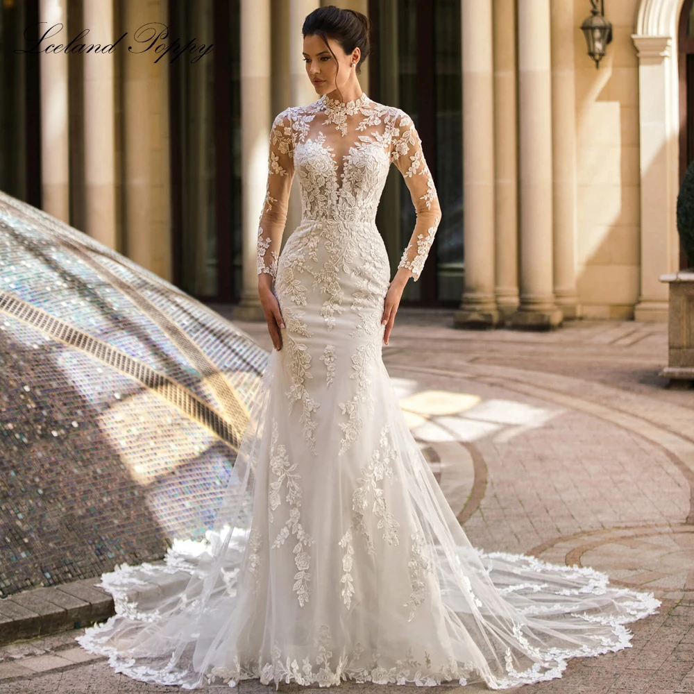 Lceland Poppy Customized Lace Mermaid Wedding Dresses O Neck Long Sleeves Illusion Bridal Gowns with Chapel Train
Lceland Poppy Customized Lace Mermaid Wedding Dresses O Neck Long Sleeves Illusion Bridal Gowns with Chapel Train