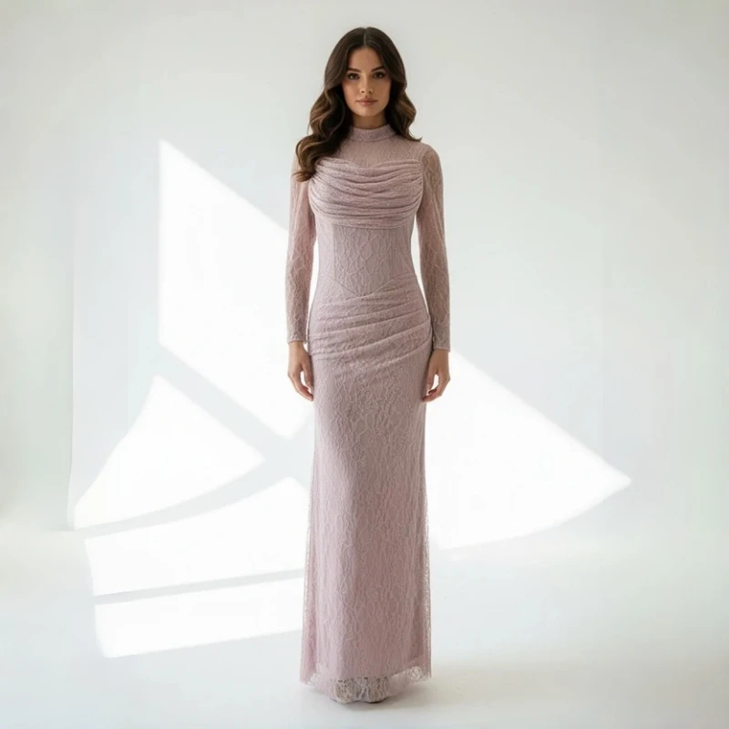 High Neck Draped Bust Lace Long Sleeve Mermaid Formal Dress Dusty Pink Ruched Waist Evening Gown Wedding Guest Formal Evening
High Neck Draped Bust Lace Long Sleeve Mermaid Formal Dress Dusty Pink Ruched Waist Evening Gown Wedding Guest Formal Evening