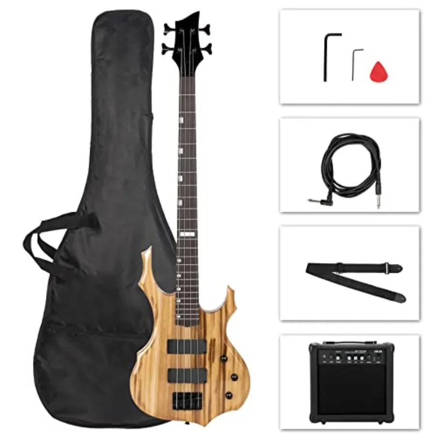 Electric bass guitar full size for live performance, flame maple body, natural finish, includes 20W amplifier, portable bass ba
Electric bass guitar full size for live performance, flame maple body, natural finish, includes 20W amplifier, portable bass ba