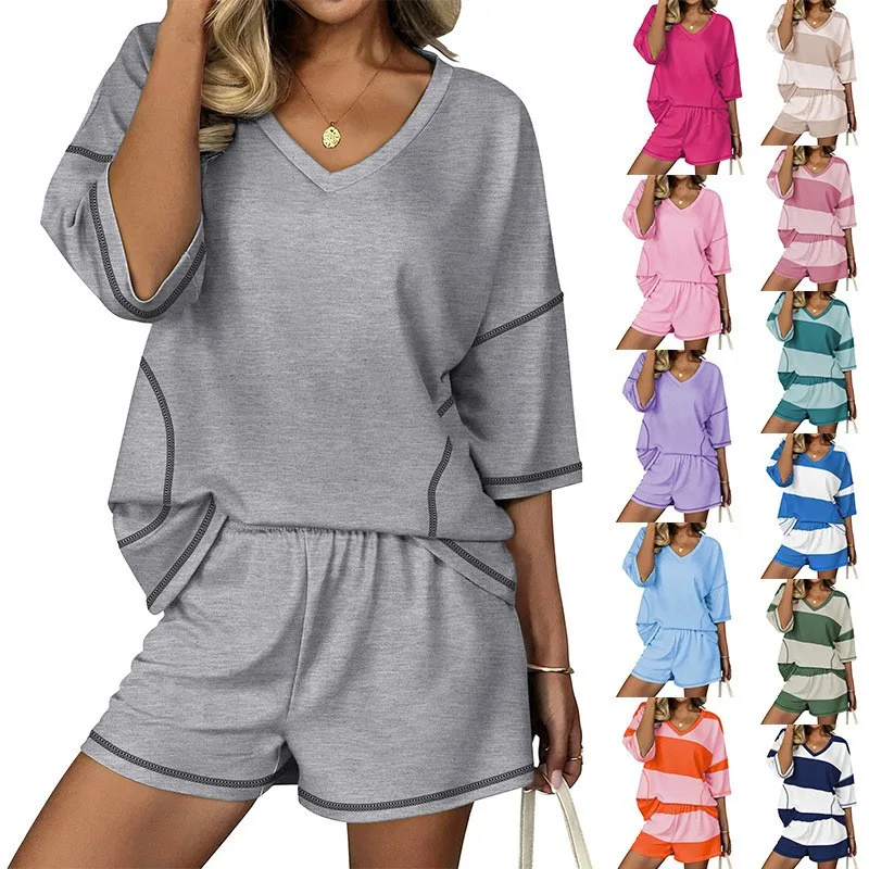 Women's 2-piece Set Shorts Striped Pastel Blue Short Pants V Neck Top Summer Shorts Elastic Waist Matching Casual Shorts
Women's 2-piece Set Shorts Striped Pastel Blue Short Pants V Neck Top Summer Shorts Elastic Waist Matching Casual Shorts