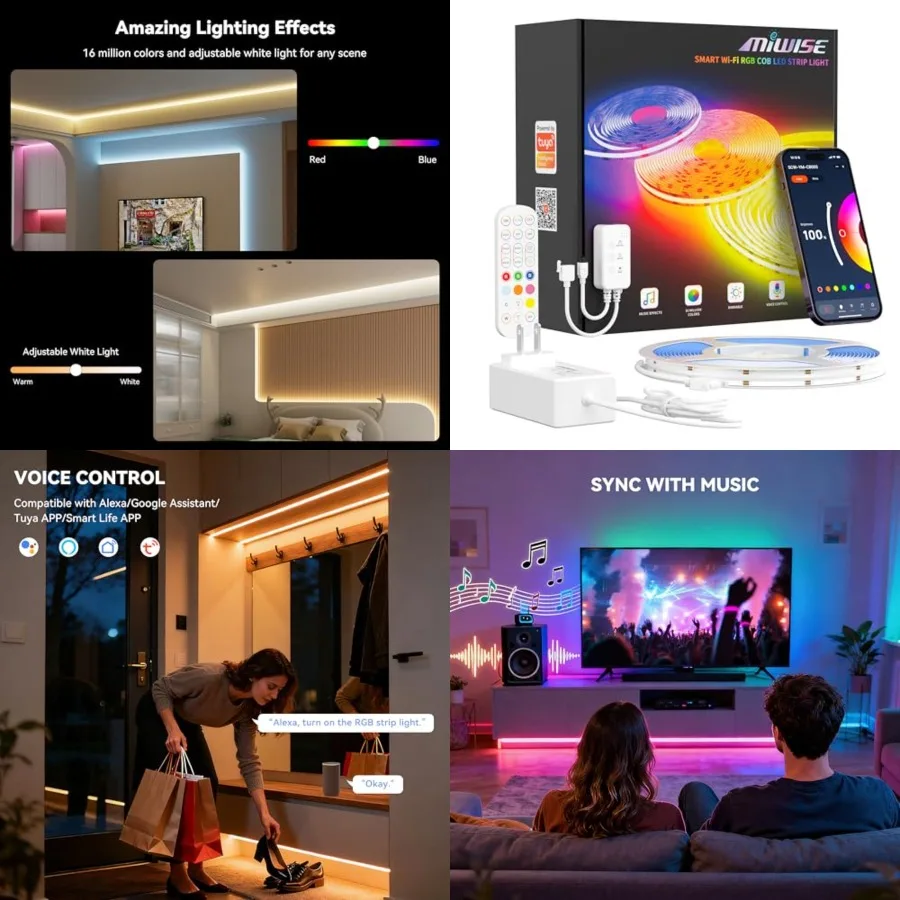 RGB COB LED Strip Light, Color Changing LED Strip Lights Compatible with Alexa/Google, 24V Music Sync Bright Flexible LED Tape
RGB COB LED Strip Light, Color Changing LED Strip Lights Compatible with Alexa/Google, 24V Music Sync Bright Flexible LED Tape