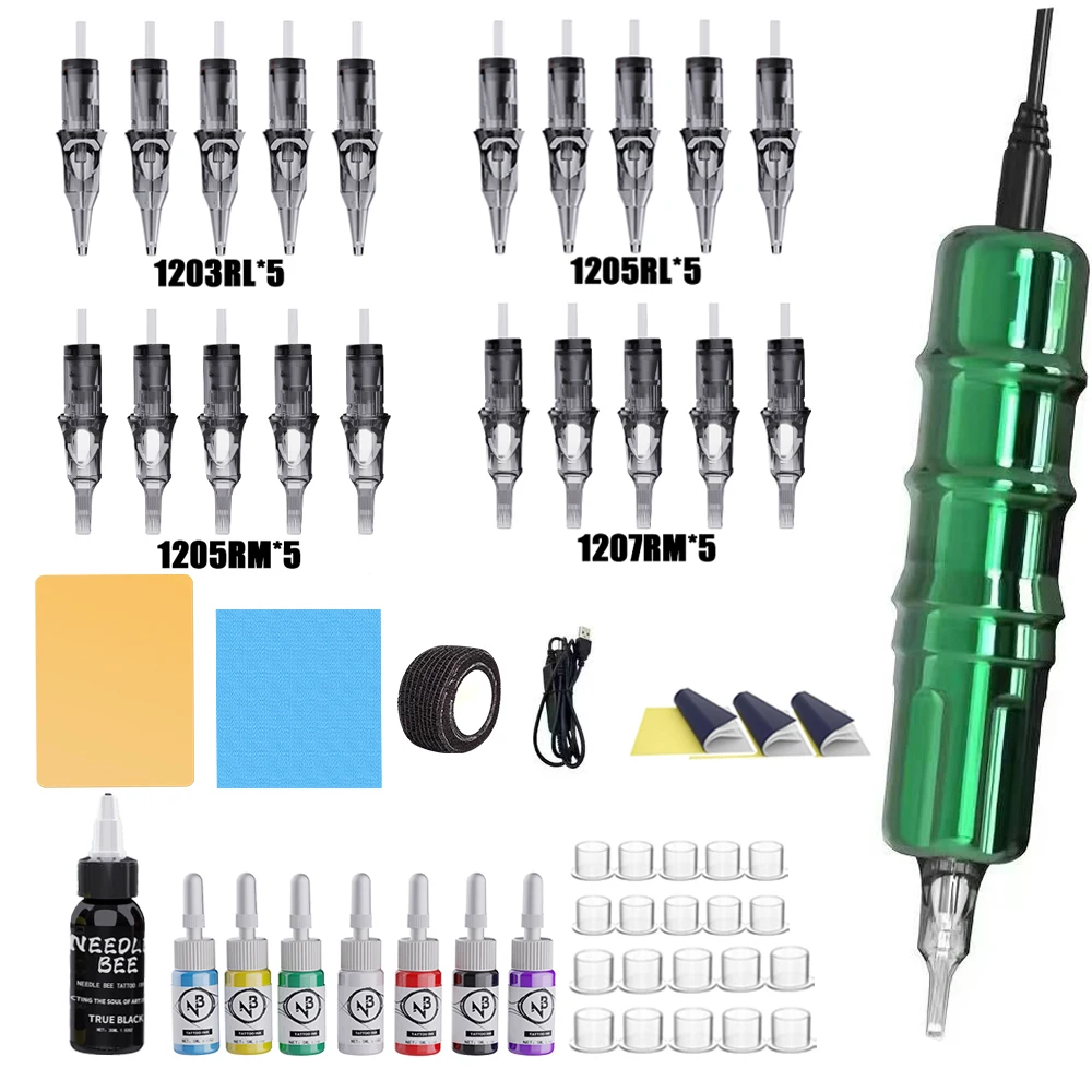 Green Corded Tattoo Pen Kit, 20 Cartridge Needles, Inks Full Tattoo Supplies for Beginner Pro Artists
Green Corded Tattoo Pen Kit, 20 Cartridge Needles, Inks Full Tattoo Supplies for Beginner Pro Artists