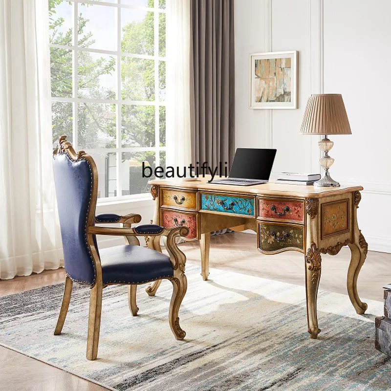 Champagne French Luxury Computer Desk Vintage Hand-painted Writing Desk Armchair Set Solid Wood Office Desk
Champagne French Luxury Computer Desk Vintage Hand-painted Writing Desk Armchair Set Solid Wood Office Desk