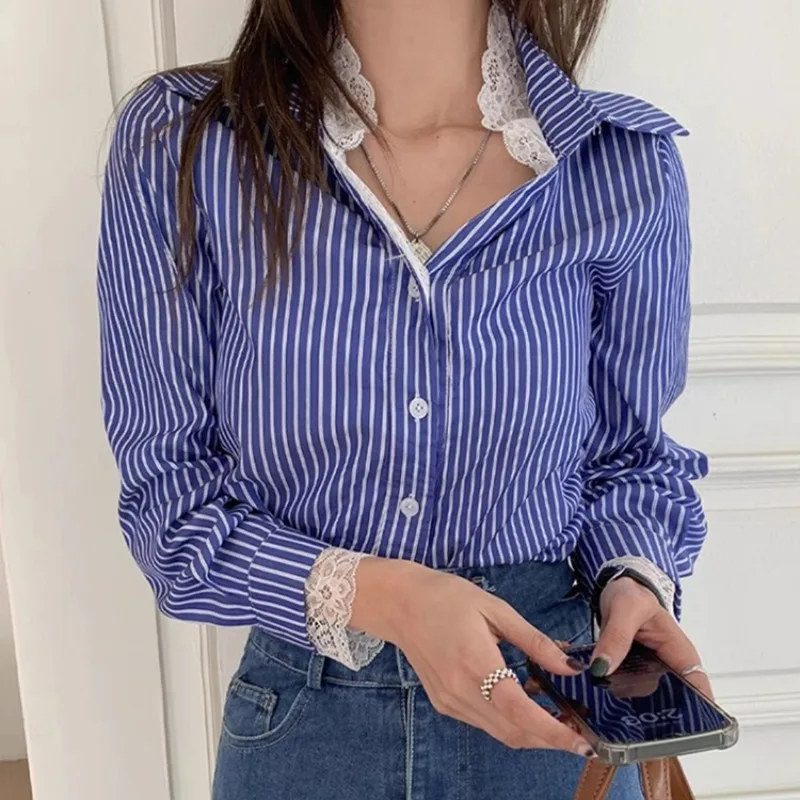 Полосатые Blusas Mujer, кружевные женские рубашки и блузки, однобортные майки с длинными рукавами, женская одежда, весенняя милая одежда
Полосатые Blusas Mujer, кружевные женские рубашки и блузки, однобортные майки с длинными рукавами, женская одежда, весенняя милая одежда