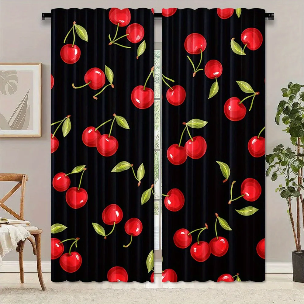 2pcs Cherry Red Fruit Print Polyester Curtains - Black Background with Realistic Cherry Design, Light Filtering, Rod Pocket
2pcs Cherry Red Fruit Print Polyester Curtains - Black Background with Realistic Cherry Design, Light Filtering, Rod Pocket