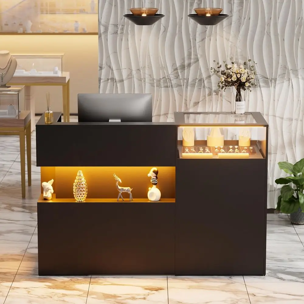 59" Large Reception Desk with Counter, Modern Front Desk Reception Room Table with LED Light & Glass Display Shelf, Retail Count
59" Large Reception Desk with Counter, Modern Front Desk Reception Room Table with LED Light & Glass Display Shelf, Retail Count