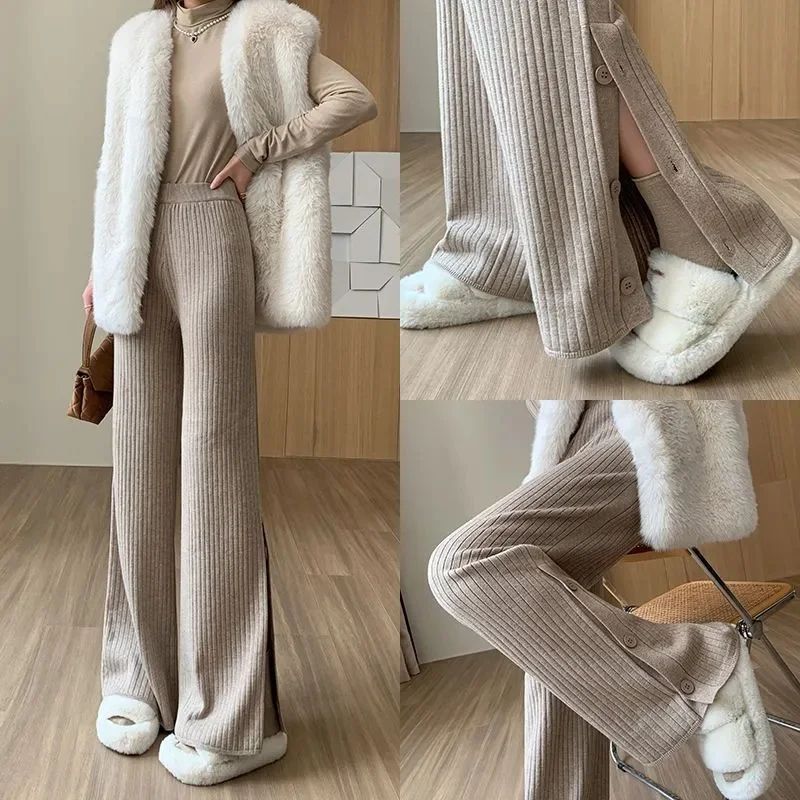 Split knitted wide leg pants for women in autumn and winter, loose fitting, high waisted, draped, casual and comfortable pants
Split knitted wide leg pants for women in autumn and winter, loose fitting, high waisted, draped, casual and comfortable pants