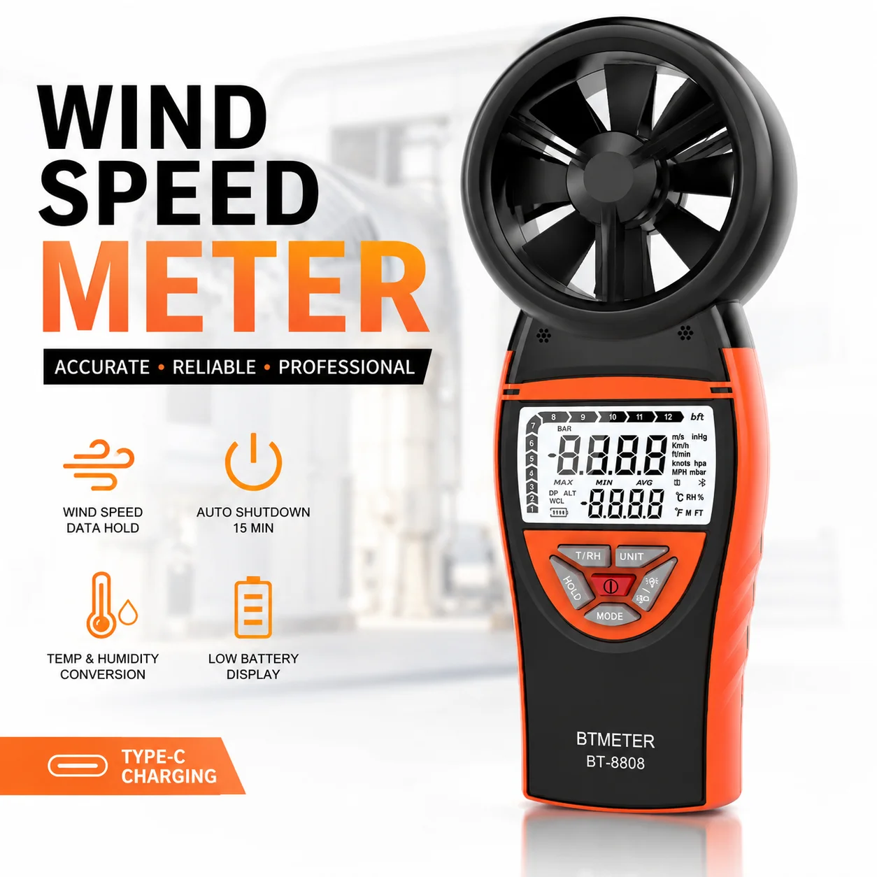 Professional Handheld Anemometer, Digital Wind Speed Temp Humidity Gauge, Rechargeable CFM Meter for HVAC Sailing Drone Golf