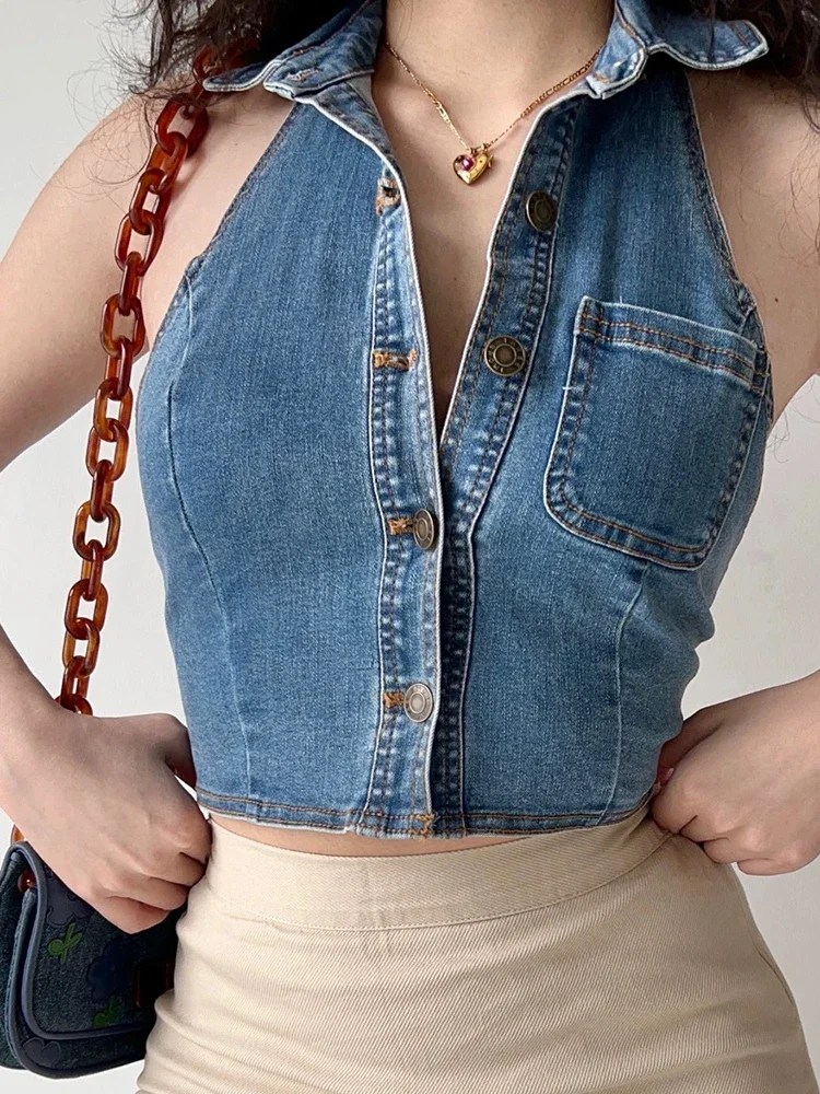 Summer Chicly Single Breasted Simple Sexy Halter Female Tops American New Fashion Backless Solid Color Street Vintage Women Vest
Summer Chicly Single Breasted Simple Sexy Halter Female Tops American New Fashion Backless Solid Color Street Vintage Women Vest