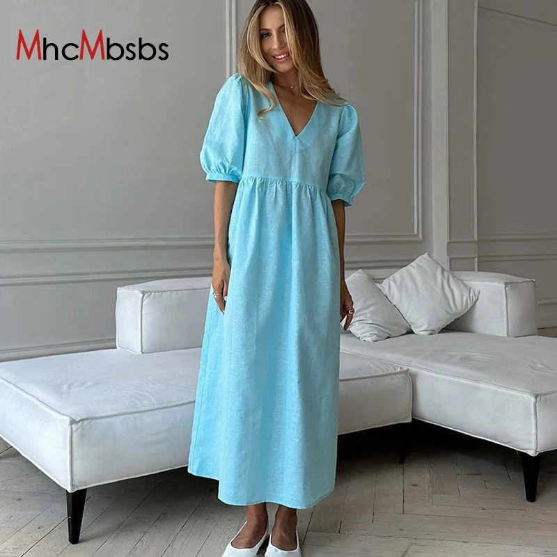 Summer Blue Cotton Women Dress 2024 Fashion V-Neck Short Sleeve Ankle Length Dresses Elegant Classic Solid Female Sundress
Summer Blue Cotton Women Dress 2024 Fashion V-Neck Short Sleeve Ankle Length Dresses Elegant Classic Solid Female Sundress