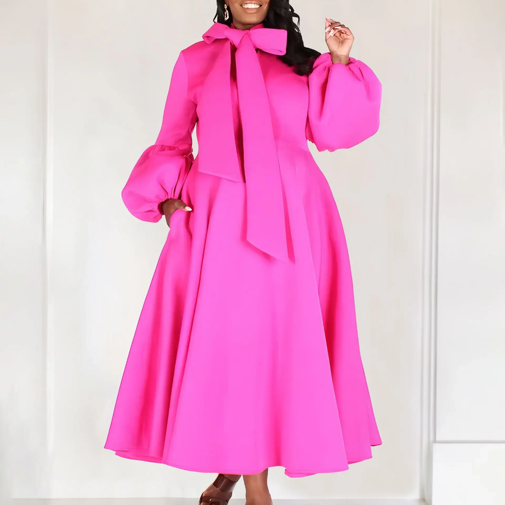 Women A Line Party Long Dress Big Bowtie Long Lantern Sleeves Pleated Autumn Fashion New In Female African Birthday Gowns 2023
Women A Line Party Long Dress Big Bowtie Long Lantern Sleeves Pleated Autumn Fashion New In Female African Birthday Gowns 2023