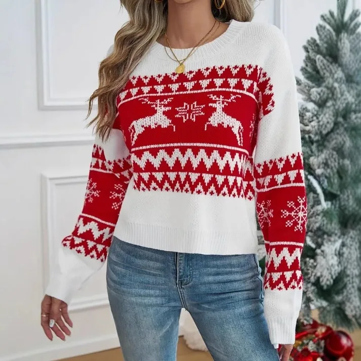 Women's autumn and winter Christmas sweater, moose printed knitted round-neck jacquard pullover for women
Women's autumn and winter Christmas sweater, moose printed knitted round-neck jacquard pullover for women