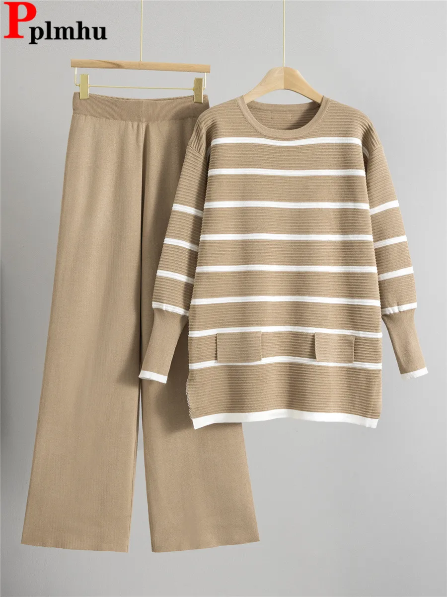 Korean Design Knitted 2 Piece Sets Women Striped O-neck Knit Sweater Pullover Tops Conjuntos High Waist Wide Leg Pants Outfit
Korean Design Knitted 2 Piece Sets Women Striped O-neck Knit Sweater Pullover Tops Conjuntos High Waist Wide Leg Pants Outfit
