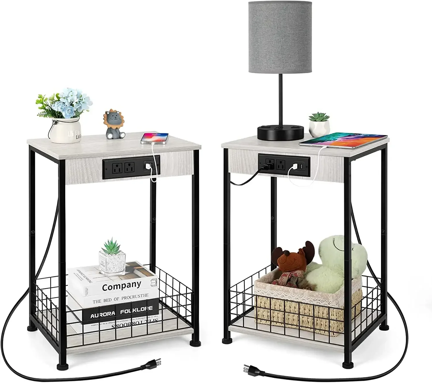 Adult 2-tier nightstands with charging station and storage basket set white
Adult 2-tier nightstands with charging station and storage basket set white