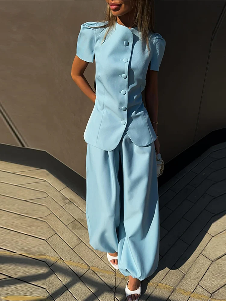 Elegant Solid Shirt Trouser Women's Suits O-Neck Short Puff Sleeve Leg-Binding Pants Lady Set 2026 Summer Autumn Female Outfits
Elegant Solid Shirt Trouser Women's Suits O-Neck Short Puff Sleeve Leg-Binding Pants Lady Set 2026 Summer Autumn Female Outfits
