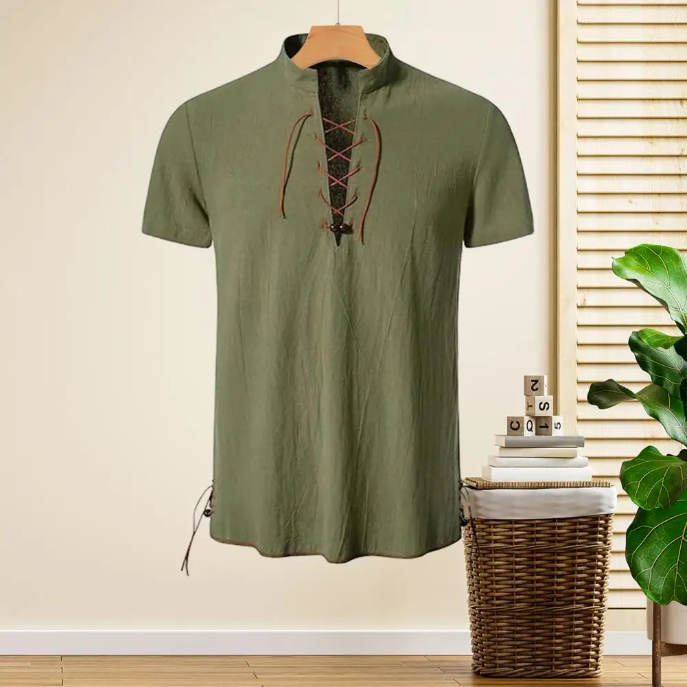 Men Short-sleeve Shirt Men's Band Collar Short Sleeve Shirts Beachwear for Vacation Work Solid Color Tops with Straps for Summer
Men Short-sleeve Shirt Men's Band Collar Short Sleeve Shirts Beachwear for Vacation Work Solid Color Tops with Straps for Summer