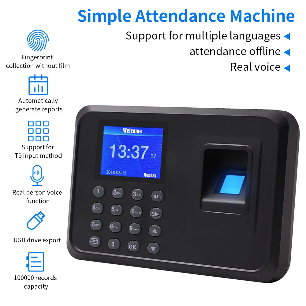 A5 Fingerprint Attendance Biometric Machine System Employee Keypad Electric Time Clock Recorder USB Data Manage