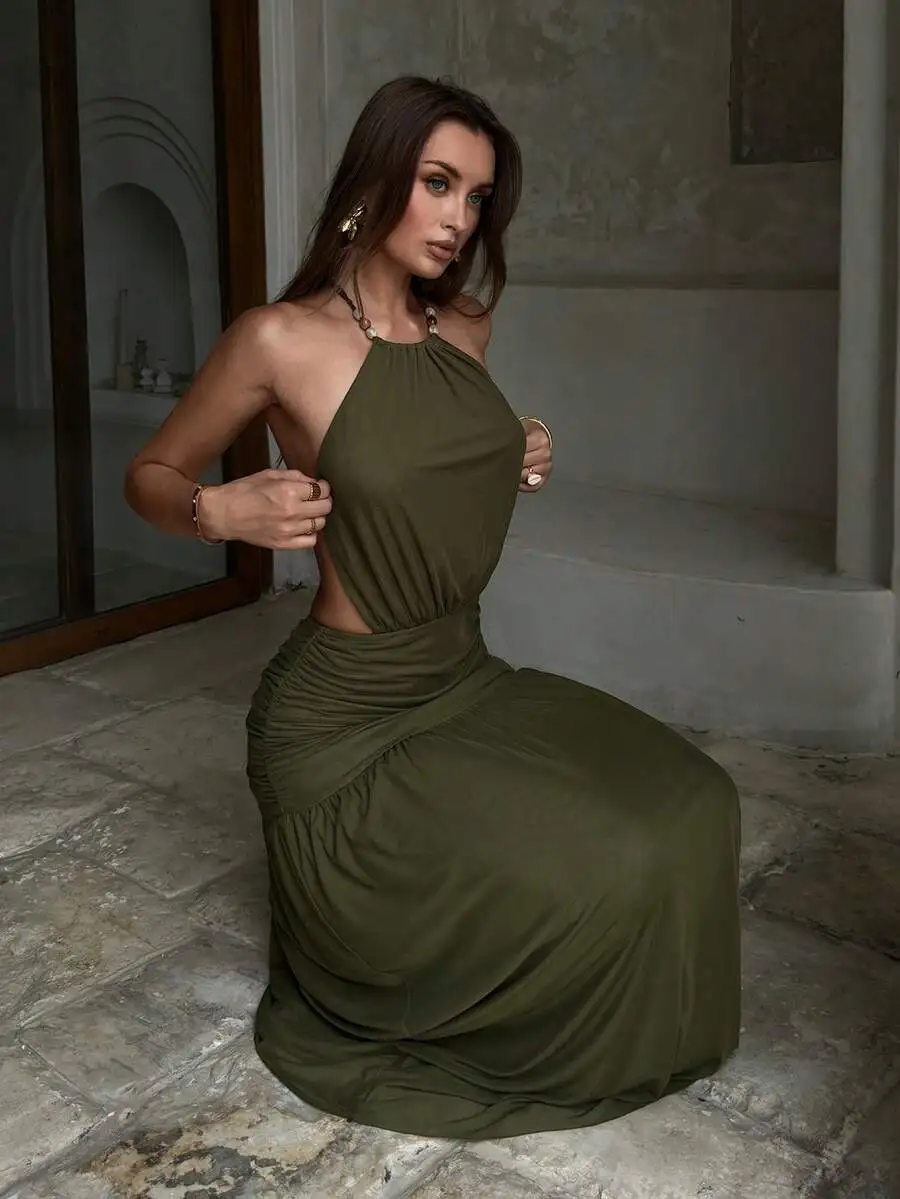 Womens Ruched Olive Green Backless Halter Bodycon Maxi Dress Spring Summer
Womens Ruched Olive Green Backless Halter Bodycon Maxi Dress Spring Summer