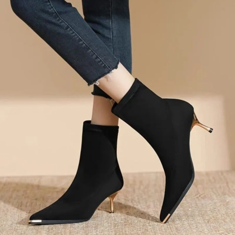 French Metal Pointed Toe Stiletto Stretchy Socks Boots for Women Fall Winter 2025 New Skinny Boots Black High Heels Booties
French Metal Pointed Toe Stiletto Stretchy Socks Boots for Women Fall Winter 2025 New Skinny Boots Black High Heels Booties