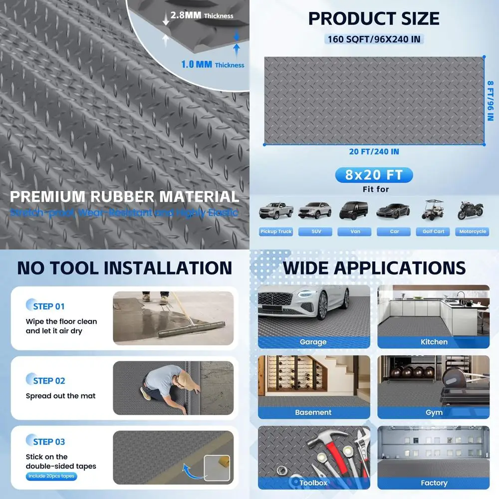 8x20 Ft Thickened PVC Garage Floor Mat, 2.8mm, Diamond Plate Gray, Suitable for Cars, Warehouses, Basements, and Trailers (Inclu
8x20 Ft Thickened PVC Garage Floor Mat, 2.8mm, Diamond Plate Gray, Suitable for Cars, Warehouses, Basements, and Trailers (Inclu