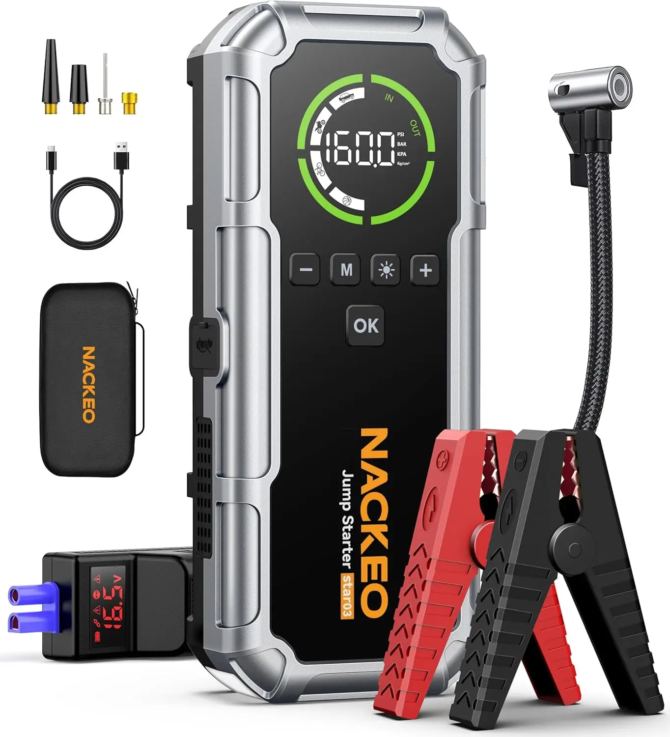8000A Jump Starter with Air Compressor, 160PSI Portable Power for Cars, LED Light & LCD Display
8000A Jump Starter with Air Compressor, 160PSI Portable Power for Cars, LED Light & LCD Display