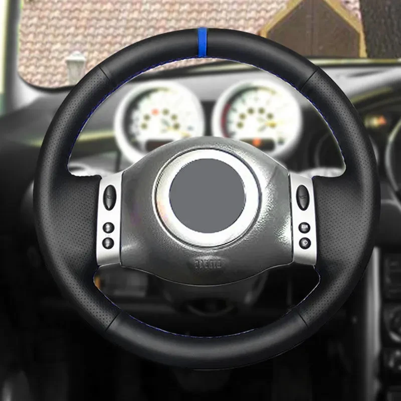 For Mini Coupe 2001-2006 Convertible 2004-2008 For Mini R50 R53 R60 Car Steering Wheel Cover Trim Black Leather with blue strip