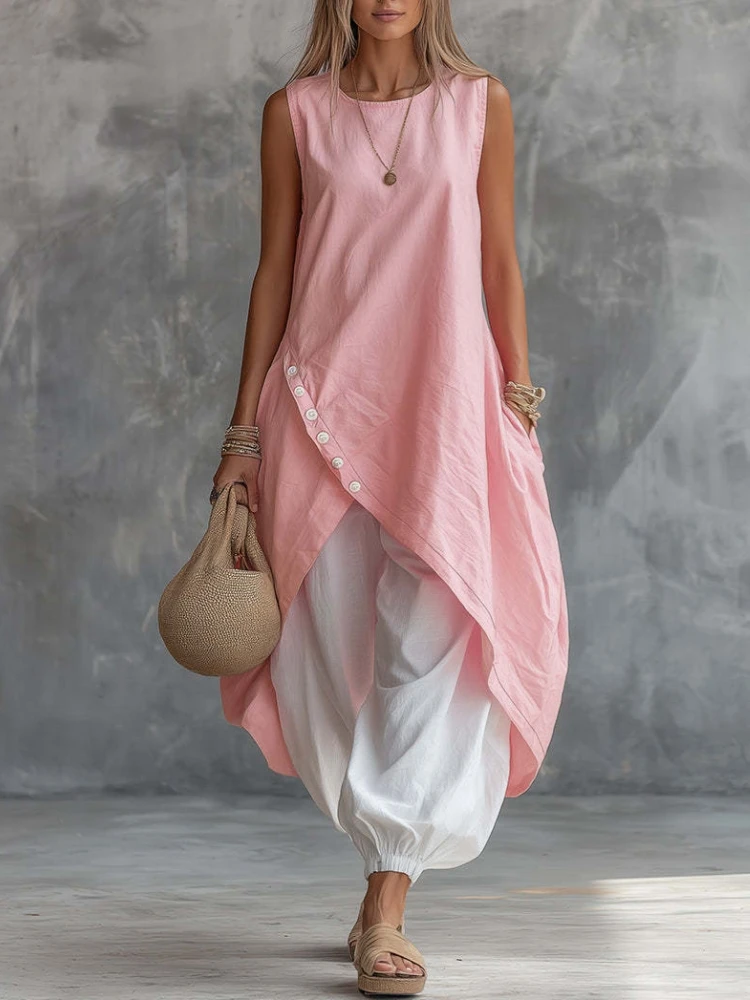 Women's Summer O Neck Irregular Sleeveless Top & Harem Pants Two Piece Matching Set Pocket Casual Streetwear Holiday Outfit
Women's Summer O Neck Irregular Sleeveless Top & Harem Pants Two Piece Matching Set Pocket Casual Streetwear Holiday Outfit