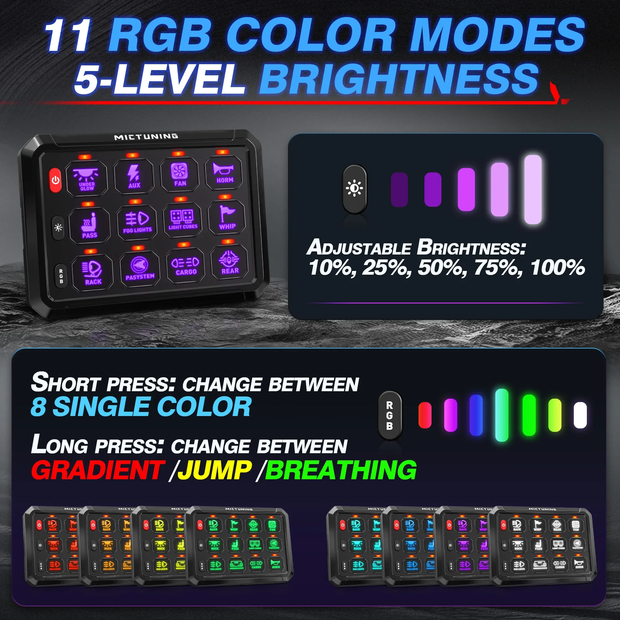 Панель управления MICTUNING 12В/24В с RGB LED-подсветкой, 12-клавишные тумблеры с релейным управлением для грузовиков, лодок и автомобилей
Панель управления MICTUNING 12В/24В с RGB LED-подсветкой, 12-клавишные тумблеры с релейным управлением для грузовиков, лодок и автомобилей