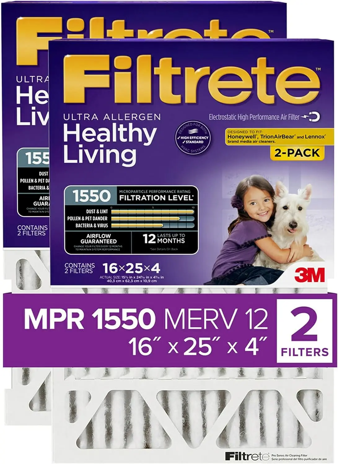 16x25x4 MERV 12 Furnace Air Filter, 2-Pack, Captures Allergens & Particles
16x25x4 MERV 12 Furnace Air Filter, 2-Pack, Captures Allergens & Particles