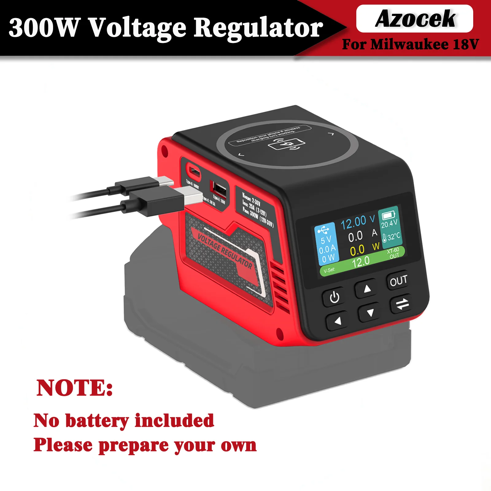 Azocek 300 Вт портативный регулятор напряжения постоянного тока с беспроводной зарядкой USB и Type-C для аккумулятора Milwaukee 18 В аксессуар для кемпинга
Azocek 300 Вт портативный регулятор напряжения постоянного тока с беспроводной зарядкой USB и Type-C для аккумулятора Milwaukee 18 В аксессуар для кемпинга