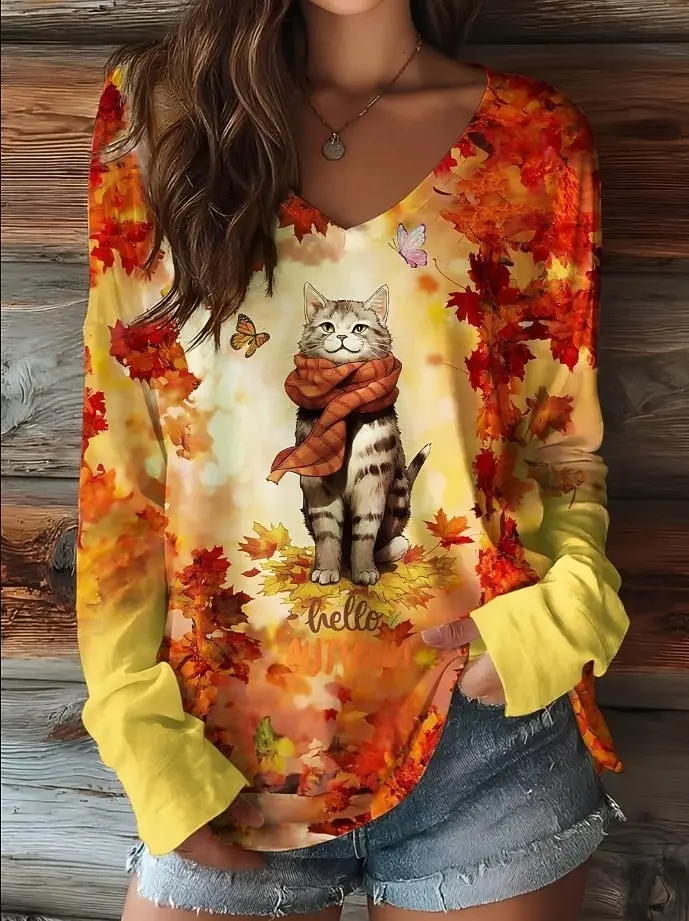 Women's T-Shirts Floral Graphic Animal Cat Tee Fashion Stylish Long Sleeve T-shirts V-Neck Regular Tops Casual Pullover For Fall
Women's T-Shirts Floral Graphic Animal Cat Tee Fashion Stylish Long Sleeve T-shirts V-Neck Regular Tops Casual Pullover For Fall