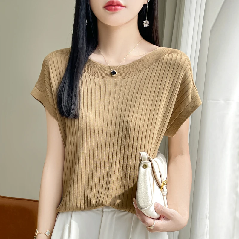 Short sleeved summer new ice silk one neck solid color knitted sweater thin, high-end loose T-shirt women's slimming top
Short sleeved summer new ice silk one neck solid color knitted sweater thin, high-end loose T-shirt women's slimming top