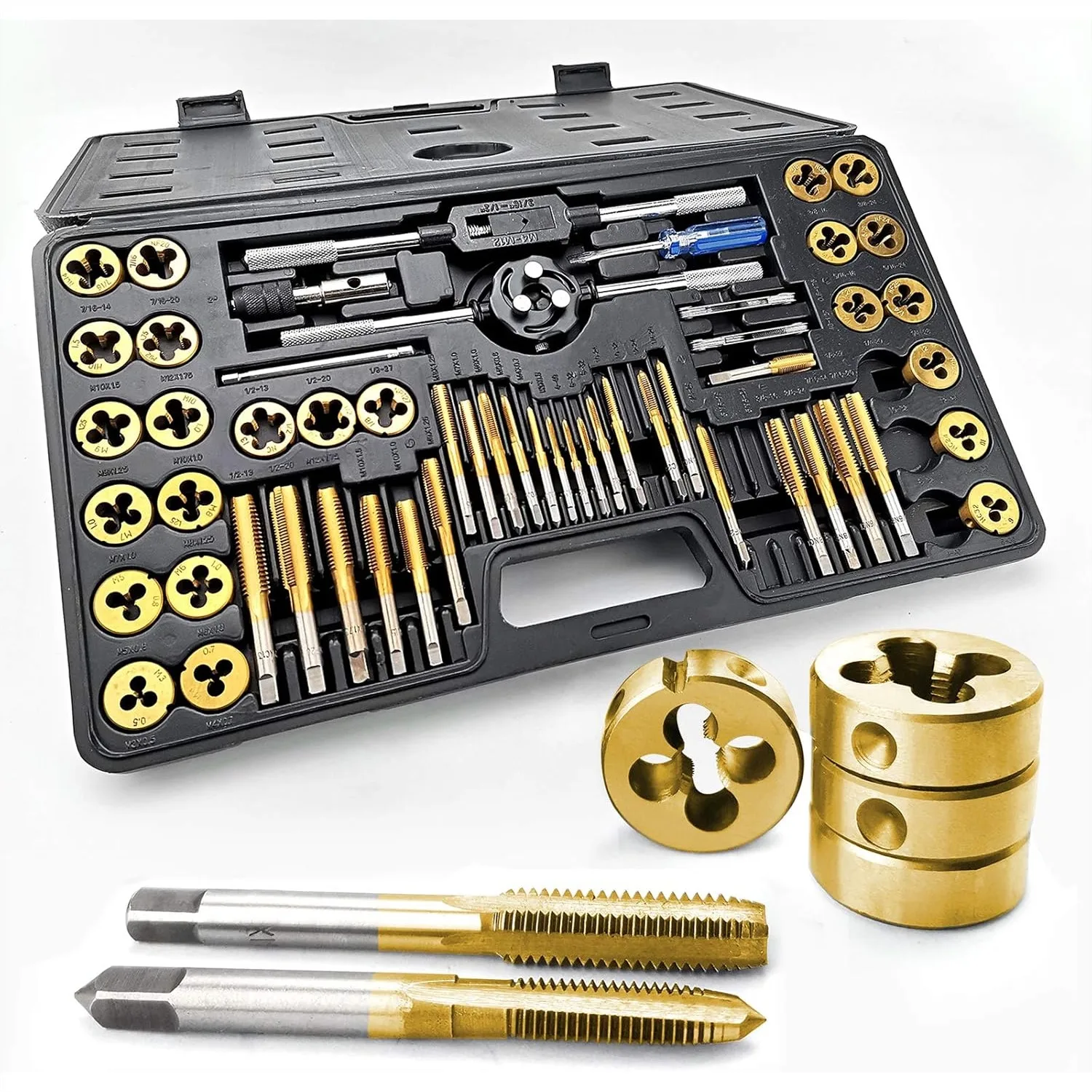 60PCS Metric & SAE Tap and Die Set, Titanium Coated GCr15 Bearing Steel Threading Toolkit with Storage Case
60PCS Metric & SAE Tap and Die Set, Titanium Coated GCr15 Bearing Steel Threading Toolkit with Storage Case