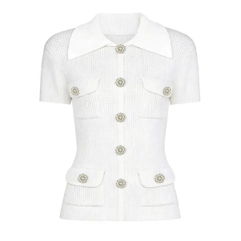 Fashionable Heavy-Duty Diamond Button Knitted Hollow Short Sleeve Women's T-Shirt Open Cardigan Summer New Arrival Pure Color
Fashionable Heavy-Duty Diamond Button Knitted Hollow Short Sleeve Women's T-Shirt Open Cardigan Summer New Arrival Pure Color