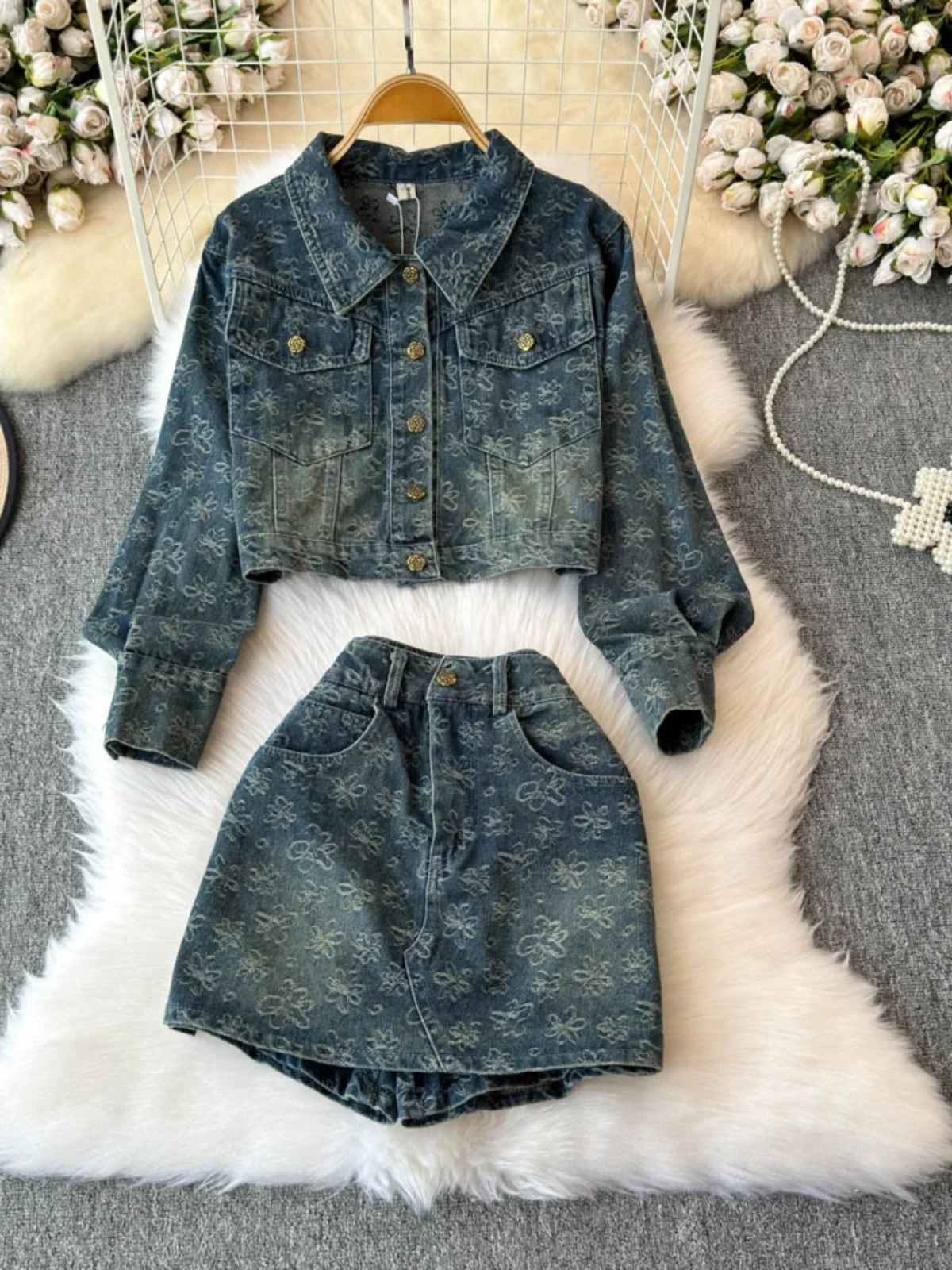 Faionable Floral Print Denim orts And Jaet Set Women's Autumn Wear Wide Leg Pants Two Piece Set Youthful And Sli
Faionable Floral Print Denim orts And Jaet Set Women's Autumn Wear Wide Leg Pants Two Piece Set Youthful And Sli