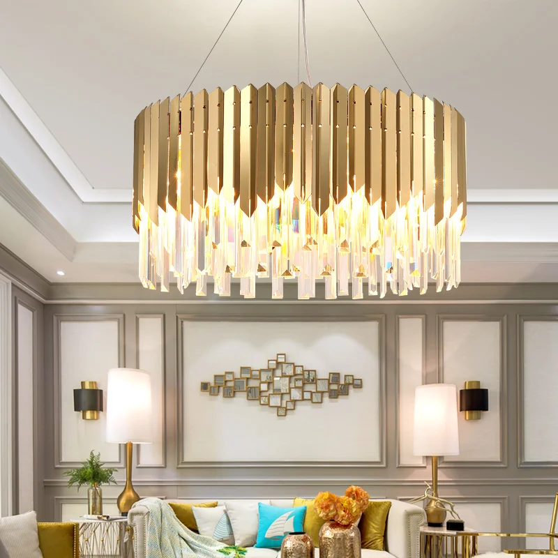 Stainless steel gold living room chandelier Postmodern light luxury bedroom K9 crystal light round simple dining room Chandelier
Stainless steel gold living room chandelier Postmodern light luxury bedroom K9 crystal light round simple dining room Chandelier