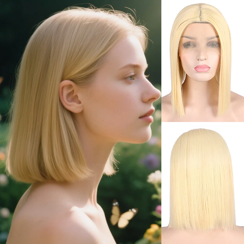 European and American style wig for women, golden T-shaped lace front, gradient short straight synthetic hair, hand-w
European and American style wig for women, golden T-shaped lace front, gradient short straight synthetic hair, hand-w