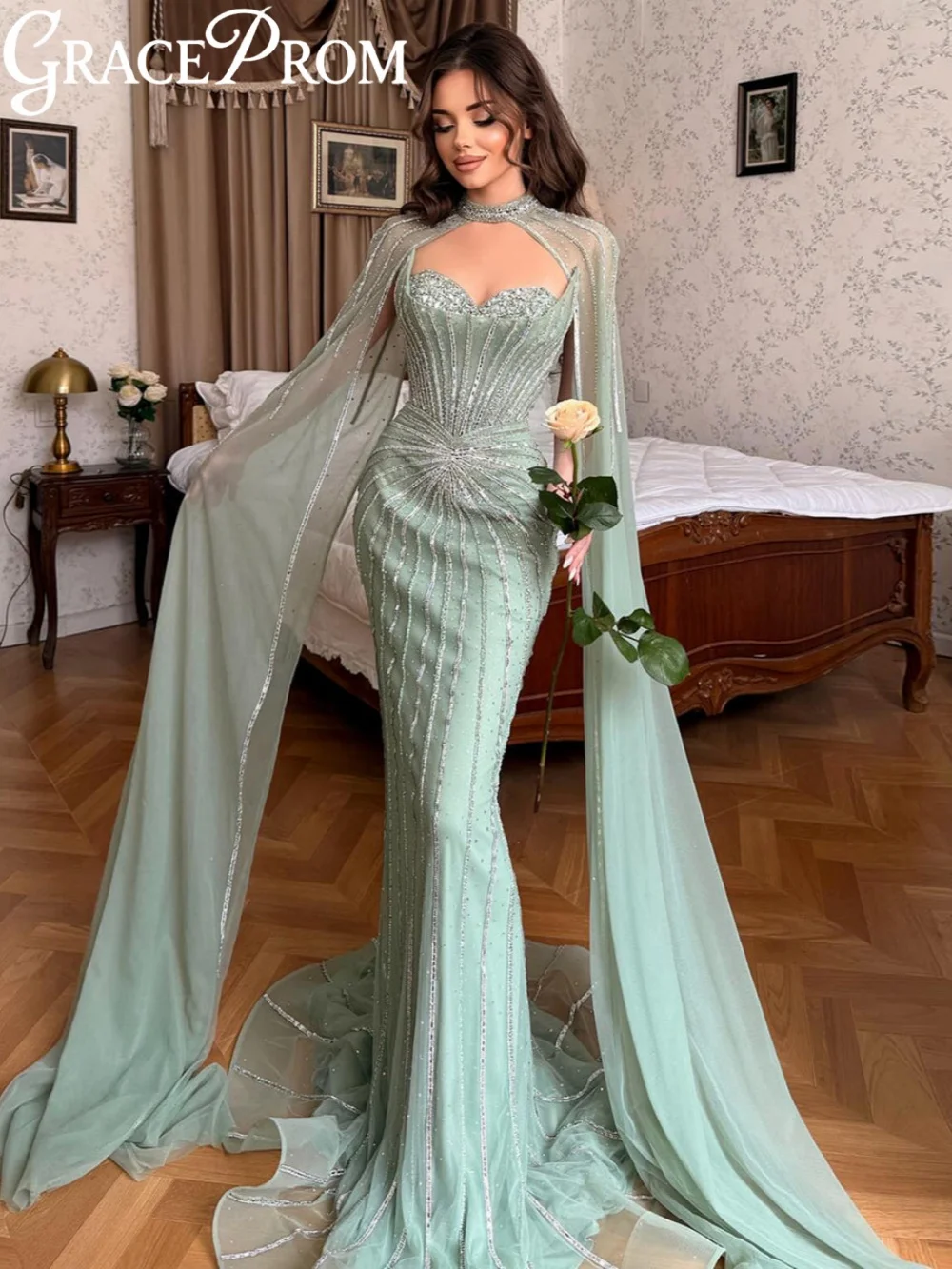 Light Green Beaded Floor-length Evening Dress Cape Sleeve Mermaid Formal Party Gown New Customized Exquisite Banquet Gowns
Light Green Beaded Floor-length Evening Dress Cape Sleeve Mermaid Formal Party Gown New Customized Exquisite Banquet Gowns