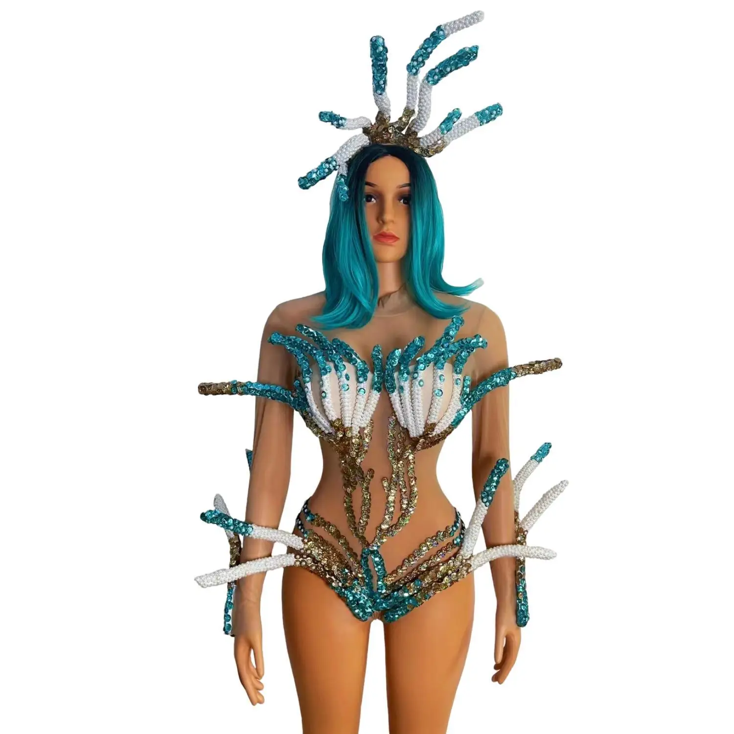 Shanhulianti 2026 New Blue Gold Coral Sequin Mesh Bodysuit with Headpiece for Women Party Stage Performance
Shanhulianti 2026 New Blue Gold Coral Sequin Mesh Bodysuit with Headpiece for Women Party Stage Performance