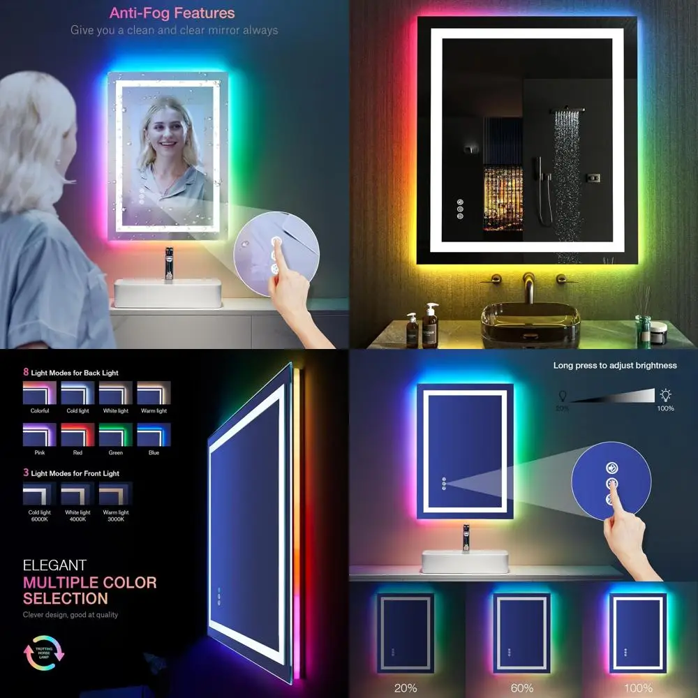 Dimmable 20 x 28 LED Bathroom Mirror with RGB Backlight, Front Lighting, Memory Function, Waterproof Tempered Glass Vanity Wall
Dimmable 20 x 28 LED Bathroom Mirror with RGB Backlight, Front Lighting, Memory Function, Waterproof Tempered Glass Vanity Wall