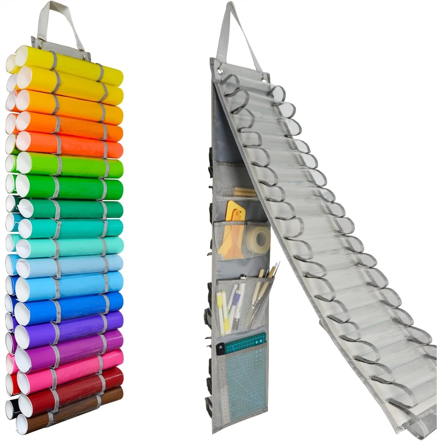 Vinyl Roll Holder with 36 Compartments and 7 Mesh Pockets, Wall Mount or Over the Door Storage, Includes 2 Hooks and Straps
Vinyl Roll Holder with 36 Compartments and 7 Mesh Pockets, Wall Mount or Over the Door Storage, Includes 2 Hooks and Straps
