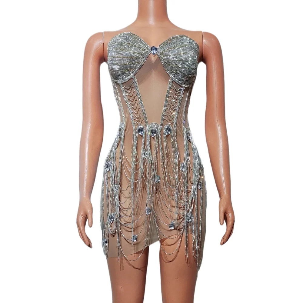 Customized Luxurious Sparkly Rhinestones Chains Mesh See Through Short Dress Women Sexy Celebrate Birthday Prom Evening Dress
Customized Luxurious Sparkly Rhinestones Chains Mesh See Through Short Dress Women Sexy Celebrate Birthday Prom Evening Dress