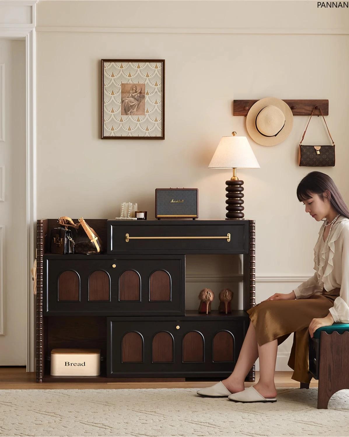 French retro solid wood home shoe cabinet new medieval home door integrated against the wall
French retro solid wood home shoe cabinet new medieval home door integrated against the wall