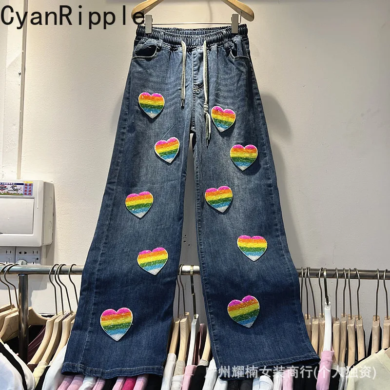 Fashion New Spring Autumn All-match Elastic Waist Wide Leg Denim Trousers Trendy Splicing Love Diamonds Elastic Waist Blue Jeans
Fashion New Spring Autumn All-match Elastic Waist Wide Leg Denim Trousers Trendy Splicing Love Diamonds Elastic Waist Blue Jeans