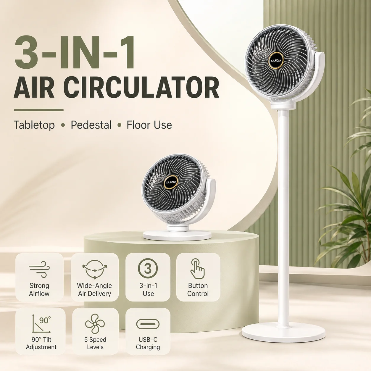 New style3-in-1 Modern Air Circulator Fan 5 Speeds 4 Heights Quiet Portable Pedestal Stand USB-C for Home Bedroom OfficeCamping
New style3-in-1 Modern Air Circulator Fan 5 Speeds 4 Heights Quiet Portable Pedestal Stand USB-C for Home Bedroom OfficeCamping