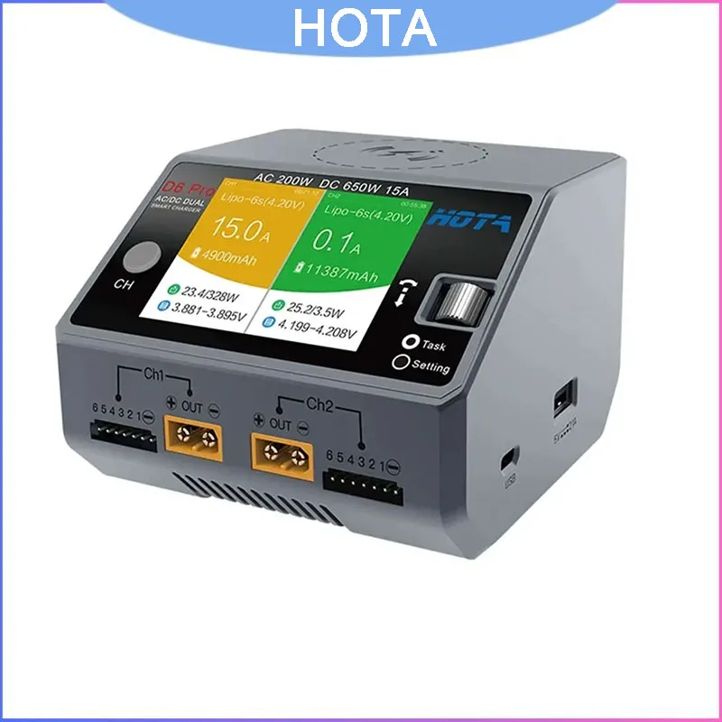 HOTA D6 Pro AC/DC Dual Charger 650W 2x15A, Built-in 200W AC Power Wireless Charging for 1-6S LiPo FPV Racing Drone Battery
HOTA D6 Pro AC/DC Dual Charger 650W 2x15A, Built-in 200W AC Power Wireless Charging for 1-6S LiPo FPV Racing Drone Battery