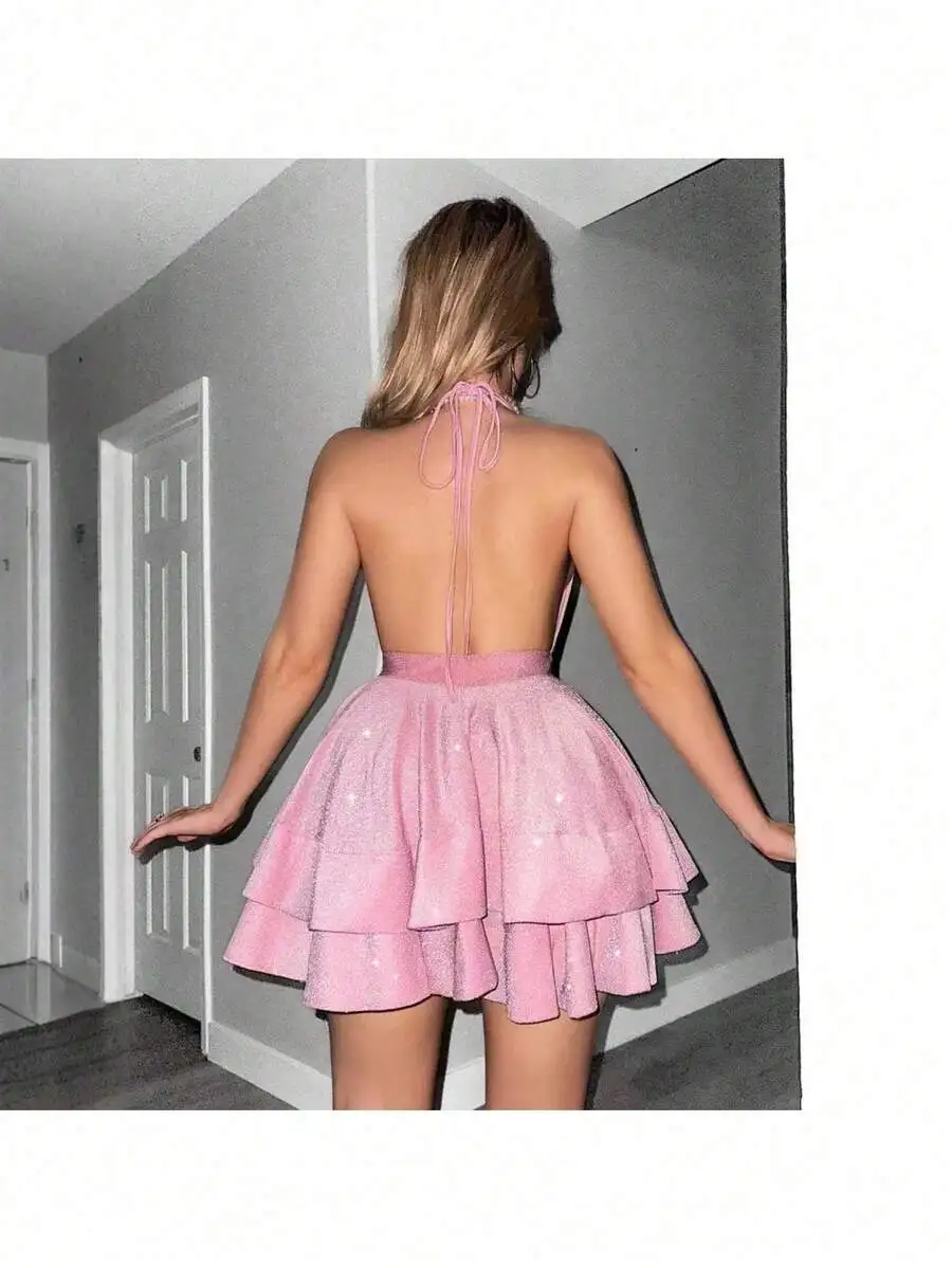 Womens Shiny Pink Halter Backless Ruffle Mini Dress
Womens Shiny Pink Halter Backless Ruffle Mini Dress