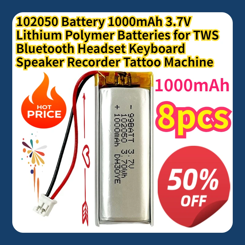 For 102050 Battery 1000mAh 3.7V Lithium Polymer Batteries for TWS Bluetooth Headset Keyboard Speaker Recorder Tattoo Machine
For 102050 Battery 1000mAh 3.7V Lithium Polymer Batteries for TWS Bluetooth Headset Keyboard Speaker Recorder Tattoo Machine